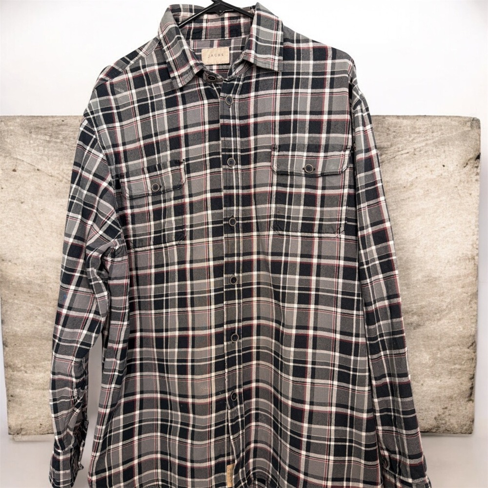 JACHS Flannel Mens XL Black Gray Red Plaid Long Sleeve Button Up Shirt Vtg. FLAW
